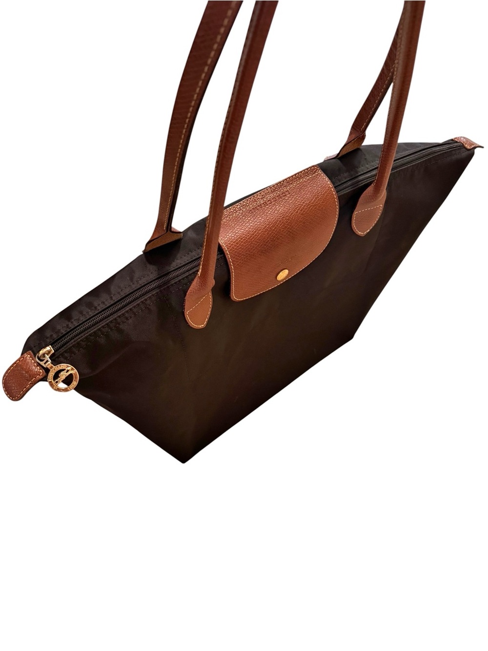Longchamp Le Pilage Large Black Nylon Canvas Bag Leather Handle Tote Travel - Picture 6 of 16